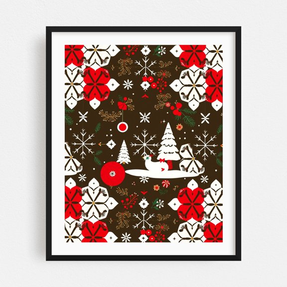 Snowy Festivities Pattern - India Digital Art Winter Snow Pattern Floral Scenic Black Framed Wall Art Print 8 x 10 inches