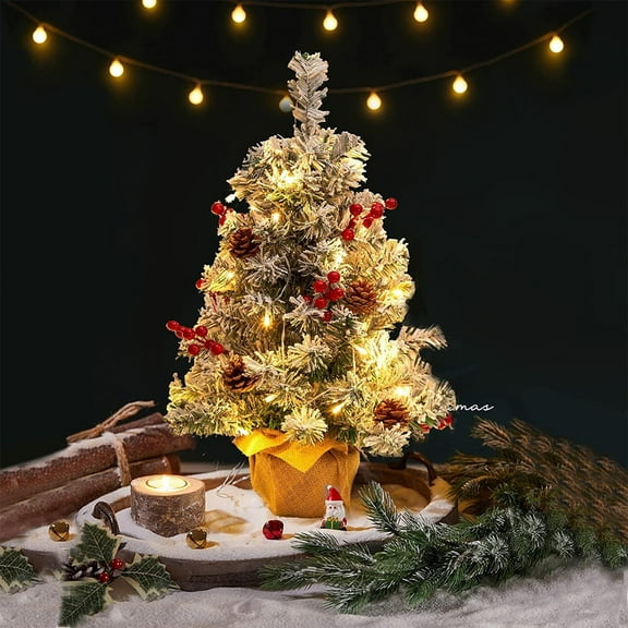 Snowy Flocking Glowing Christmas Tree Lights, Glowing Artificial Christmas Tree for Indoor Holiday Decor, Family Gathering Centerpiece, Pre-Lit Tabletop Tree with Warm White Lights for Akmoler