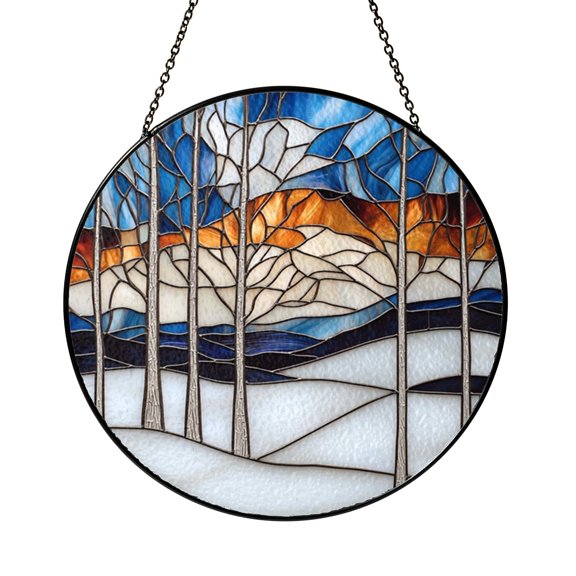 Snowy Forest Faux Stained Glass Window Hanging