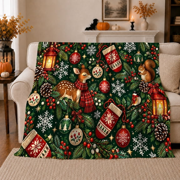 Snowy Forest Fawn Christmas Ornaments Lanterns Woodland Friends, Festive Holiday Scene, Warm Flannel Blanket for Living Room and Reading Nook, Art Lovers Christmas Gift, Festive Home Decor