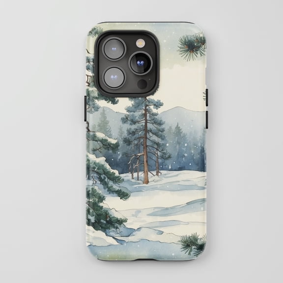 Snowy Forest Landscape For All iPhone Series Tough Phone Case Watercolor Winter Scene