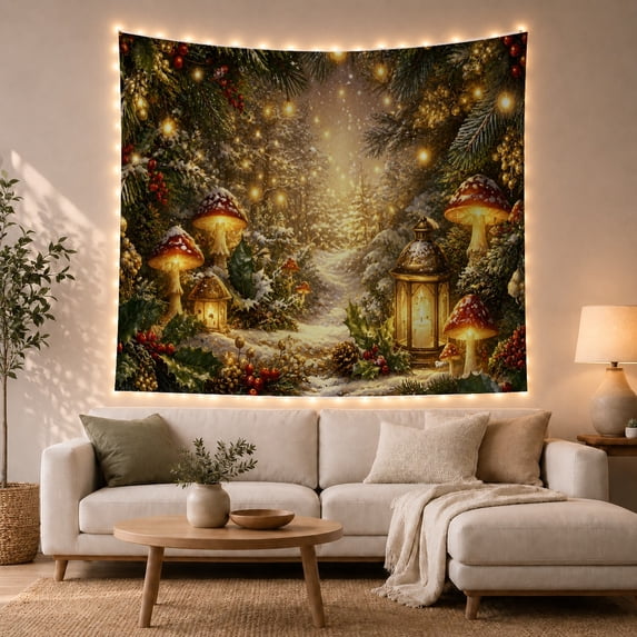 Snowy Forest Path Among Mushrooms and Golden Lanterns, Cozy Fantasy for Nature Lovers, Winter Woodland Decor, Christmas Gift, Tapestry Wall Hanging for Bedroom and Living Room
