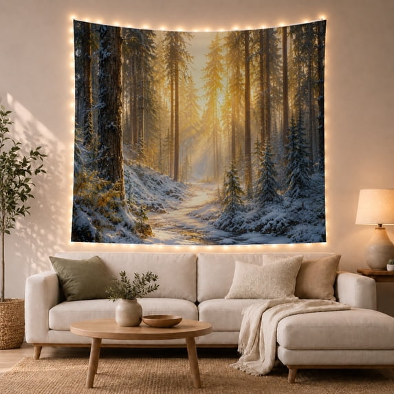 Snowy Forest Path with Golden Sun Rays, Serene Rustic Style for Nature Lovers, Winter Wall Art, Christmas Gift, Tapestry Wall Hanging for Bedroom and Living Room