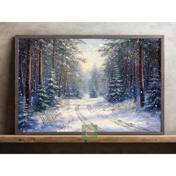 Snowy Forest Path Wall Art Print With Winter Pines And Peaceful Nature Decor