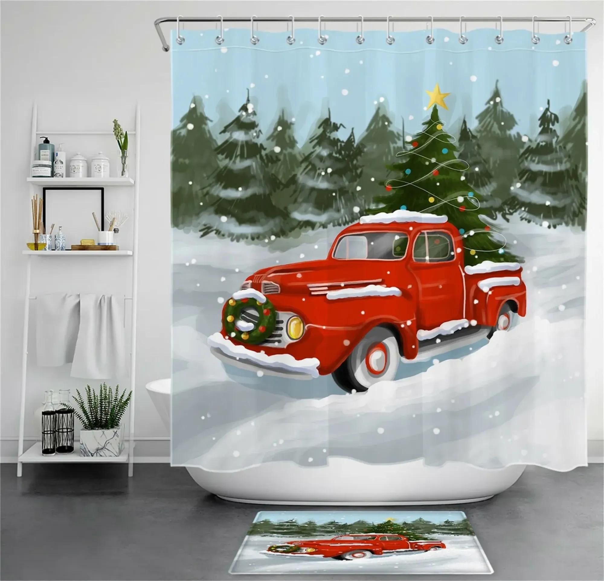 Snowy Forest Red Truck Shower Curtain Festive Christmas Decor for Your