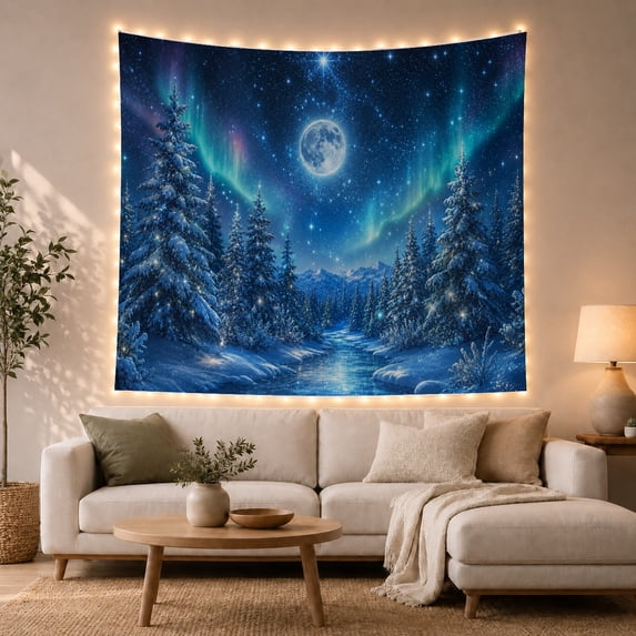Snowy Forest River, Full Moon and Aurora Over Pines, Dreamy Fantasy Style for Nature Lovers, Aurora Wall Art, Christmas Gift, Tapestry Wall Hanging for Bedroom and Dorm