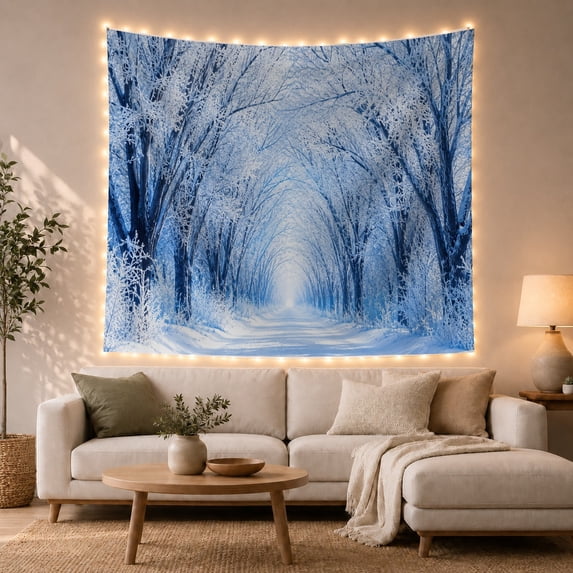 Snowy Forest Road under Arched Frosted Branches, Peaceful Minimalist for Nature Lovers, Winter Path Decor, Housewarming Gift, Tapestry Wall Hanging for Bedroom and Study Room
