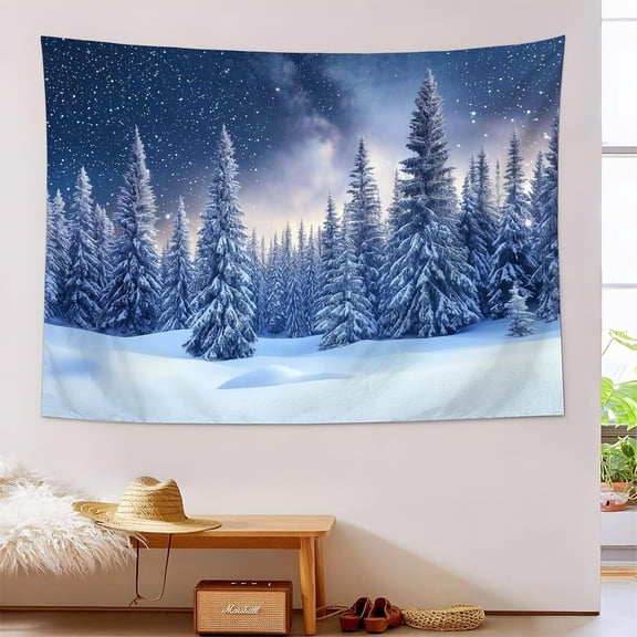 Snowy Forest Scene Tapestry 40L x 30W Wall Hanging Blanket Winter Night Starry Sky Tapestries Winter Party Decorations Wall Art for Living Room Bedroom Dorm Home Decor, Blue-Purple