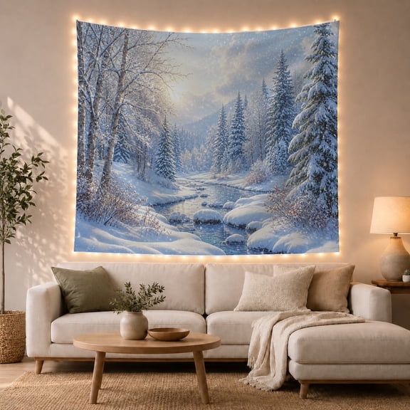 Snowy Forest Stream with Trees and Mountains, Peaceful Rustic for Nature Lovers, Landscape Wall Art, Christmas Gift, Tapestry Wall Hanging for Bedroom and Living Room