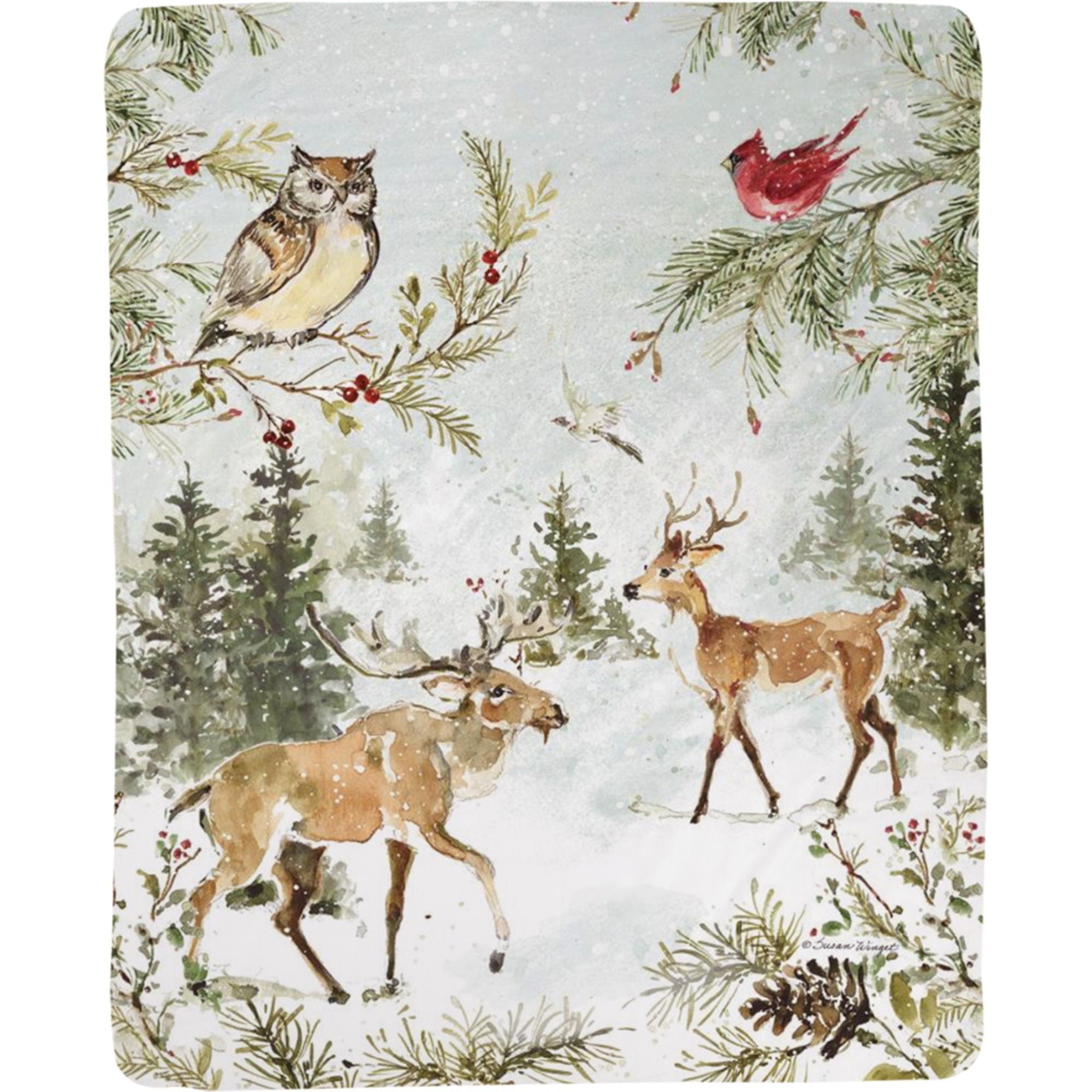 Snowy Forest Birds and Reindeer Polyester Throw Blanket 50” x 60”