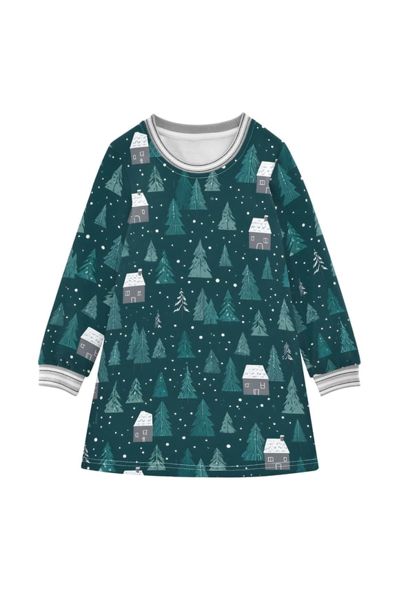Snowy Forest Village Girls'long-sleeved dress Thickened A-dress Warm Dress Basic Shirt Party Dresses