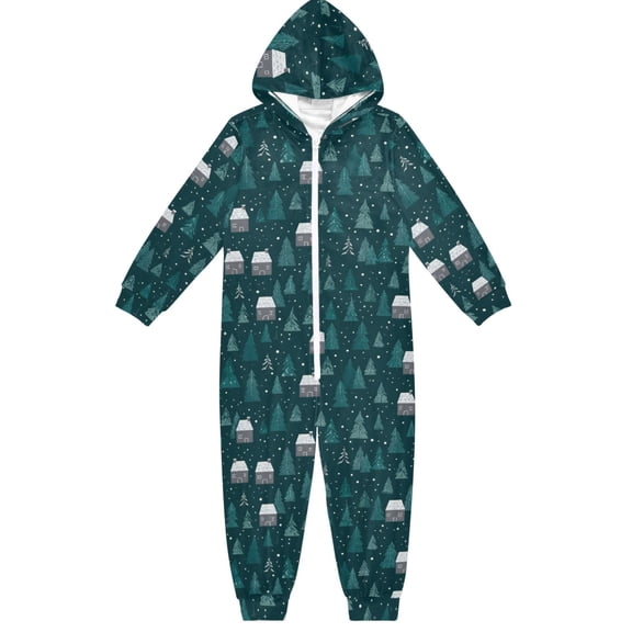 Snowy Forest Village One Piece Pajamas Soft Jumpsuit Cozy Sleep and Play Romper Zipper and Pockets 13-14Y