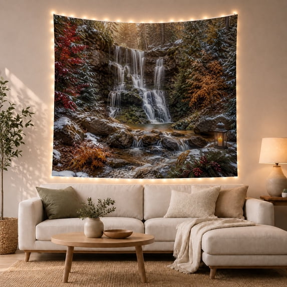 Snowy Forest Waterfall with Glowing Lantern and Evergreens, Calming Boho for Nature Lovers, Serene Forest Wall Art, Housewarming Gift, Tapestry Wall Hanging for Bedroom and Living Room