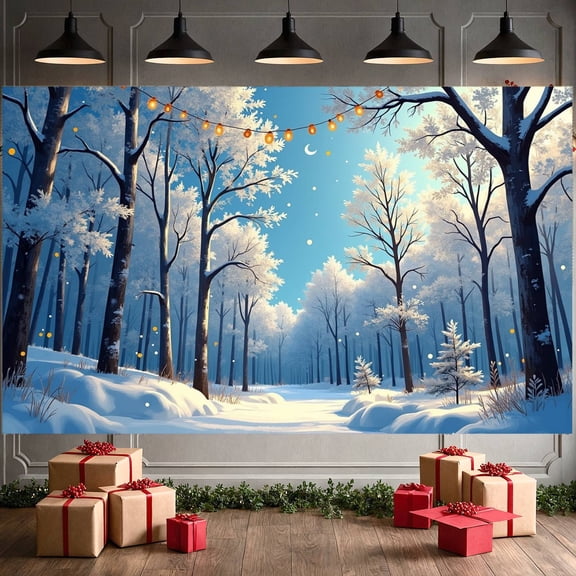 Snowy Forest Winter Scene String Lights Holiday Banner for Christmas Party Indoor Decoration Event Background