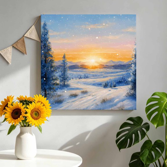 Snowy Forests Canvas Wall Art, Sunset Winter Landscapes Woods Snow Framed Canvas Wall Decor Picture Print Artwork Decorations for Living Room Office Ready to Hang 8" x 8"