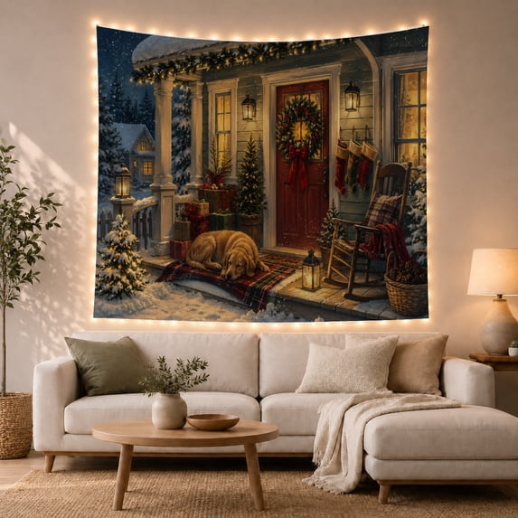 Snowy Front Porch With Dog And Wreath, Cozy Farmhouse Style for Dog Lovers, Seasonal Wall Art, Christmas Gift Tapestry Wall Hanging for Living Room and Entryway