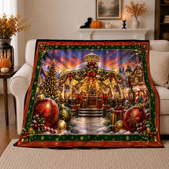 Snowy Gazebo Gifts Under Twilight Sky Festive, Festive Holiday Scene, Warm Flannel Blanket for Living Room and Reading Nook, Art Lovers Christmas Gift, Festive Home Decor