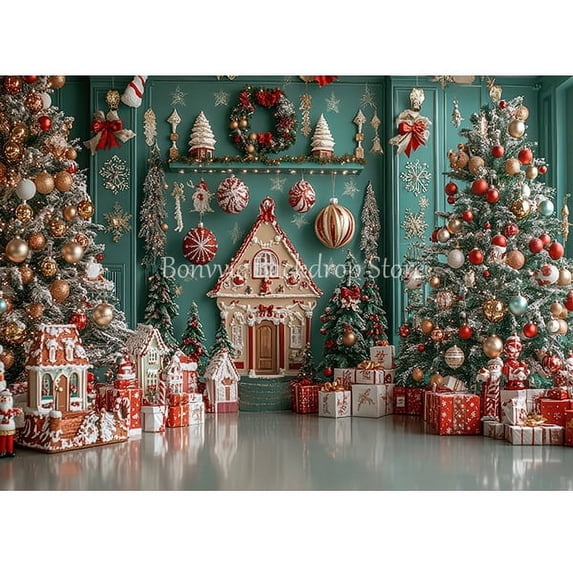 Snowy Gingerbread Photography Background Glitter Xmas Tree Gift Backdrop Booth Kid Winter Birthday Portrait Studio
