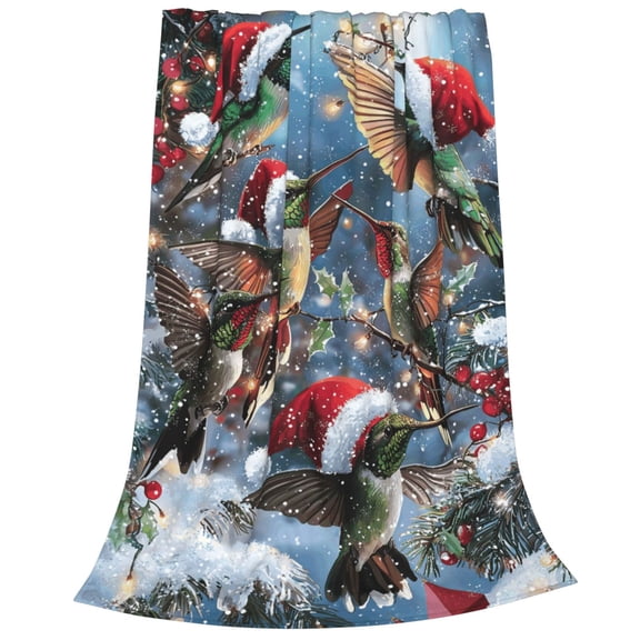 Snowy Holly Hummingbird Flannel Throw Blanket, Soft, Warm, Durable Winter Blanket, for Bed, Couch & Travel, Machine Washable 50x40in, Winter Berries & Birds