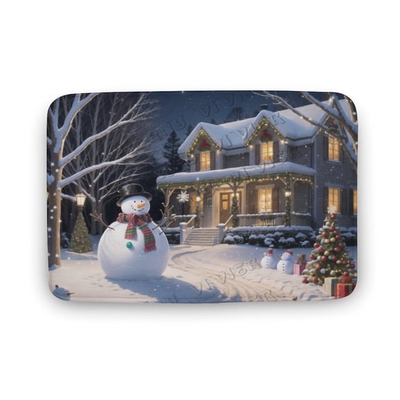 Snowy House & Snowman Printed Bathroom Rug Non Slip Bath Mat Machine Washable Toilet Rug, Bathroom Floor Mat 16"x24"