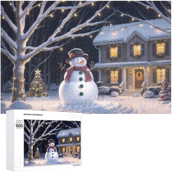 Snowy House With Snowman Christmas Wood Sign 500 Piece Jigsaw Puzzle 20.5"x15" Winter Scene Wall Decor for Bedroom Living Room