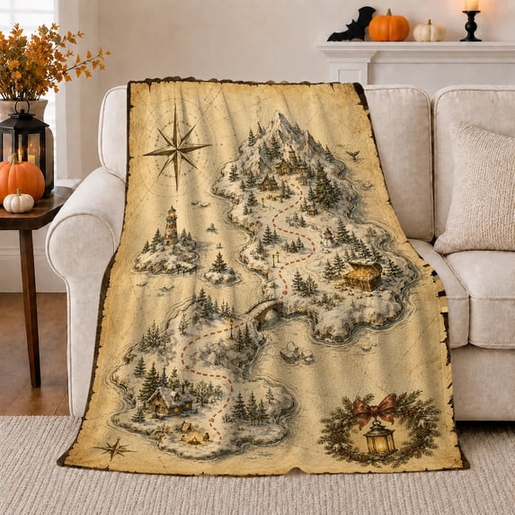 Snowy Island Treasure Map Illustrated Print Soft Flannel Blanket, Illustrated Art Style for Art Enthusiasts, Housewarming Gift for Bedroom and Living Room, Home Decor
