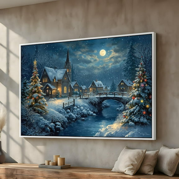 Snowy Kristmas Village At Night, Winter Wall Art, Peaceful Scene With Bridge & Lights, Cozy Seasonal Home Decor Warm Present Vintage UNFRAMED Poster Size 8x12