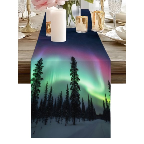 Snowy Land Scenery Table Runners 90 Inches Long Fantasy Evening Forests Trees Kitchen Dining Table Runner Dresser Scarves for Party Coffee Holiday Party Decor