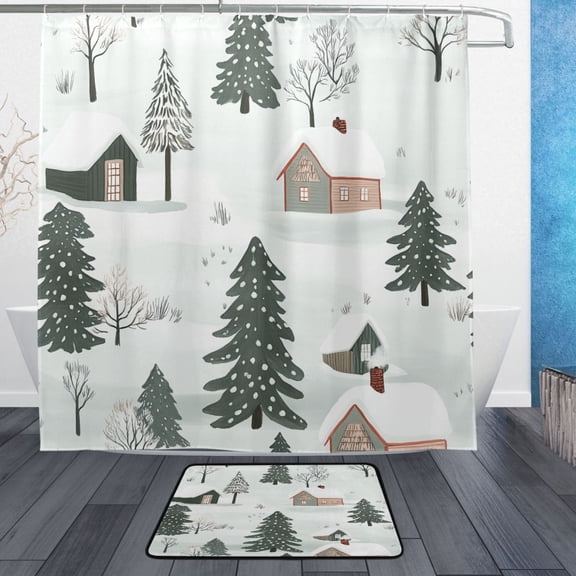 Snowy Landscape Bathroom Accessory Sets Waterproof Shower Curtain with Anti-Slip Bath Mat Durable Combo