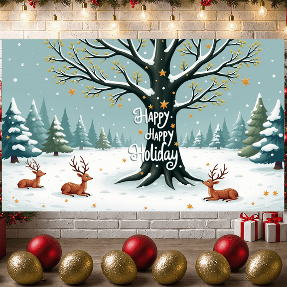 Snowy Landscape Happy Holiday Winter Wonderland Reindeer Christmas Banner for Holiday Decoration Festive Party Winter Celebration