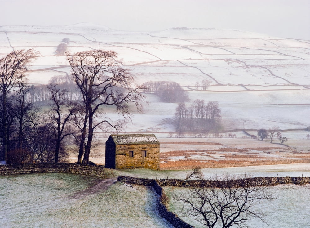 Snowy Landscape With Barn Elevated View Canvas Art - Ellen Rooney Design Pics (36 x 26)