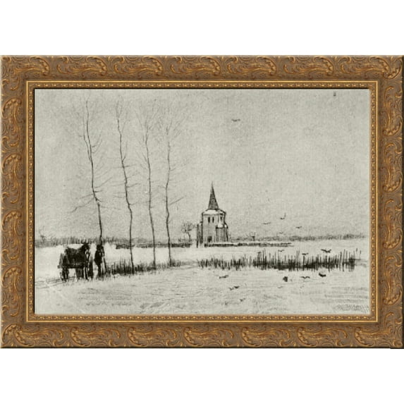 Snowy Landscape with the Old Tower 24x18 Gold Ornate Wood Framed Canvas Art by Vincent van Gogh