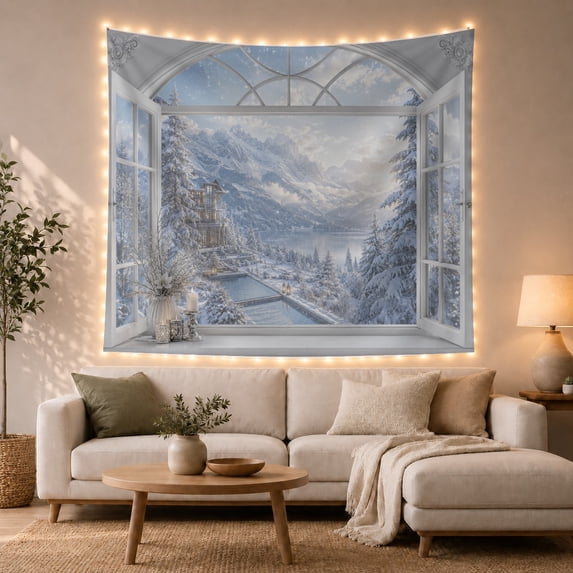 Snowy Lodge View Through Ornate Window, Cozy Rustic for Nature Lovers, Scenic Winter Landscape Art, Christmas Gift, Tapestry Wall Hanging for Bedroom and Living Room