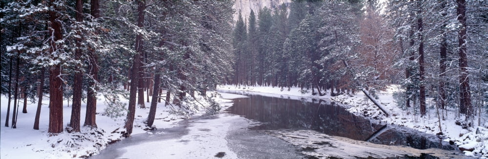 Snowy Merced River in Yosemite California Canvas Art - Panoramic Images (27 x 9)