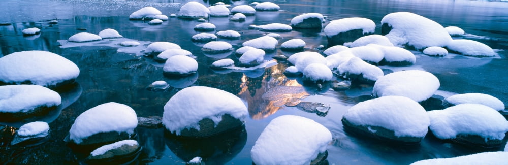 Snowy Merced River with reflection of Half Dome Yosemite California Canvas Art - Panoramic Images (36 x 12)