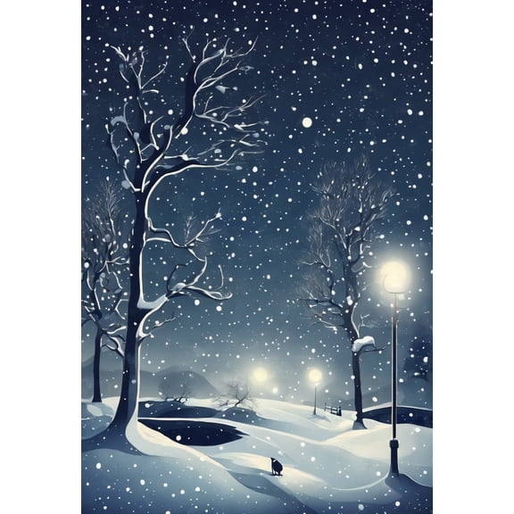Snowy Midnight Scene in Winter Illustration - 12" x 18" Art Print Wall Decor