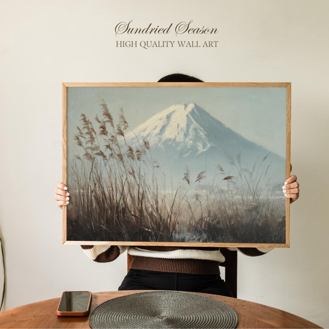 Snowy Mount Fuji Minimalist Nature Reeds Serene Japanese Landscape ...