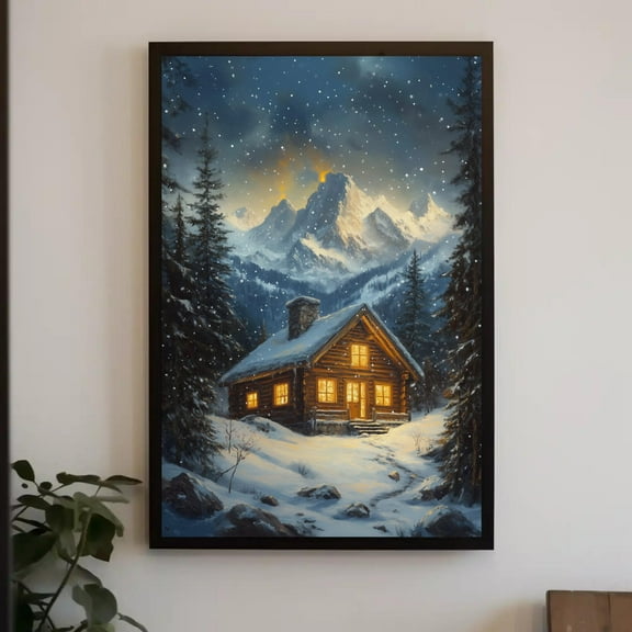Snowy Mountain Cabin Winter Night Vertical Print – Rustic Lodge Landscape, Cozy Wall Art, Cabin, Living Room, Kristmas Warm Present Vintage UNFRAMED Poster Size 16x24