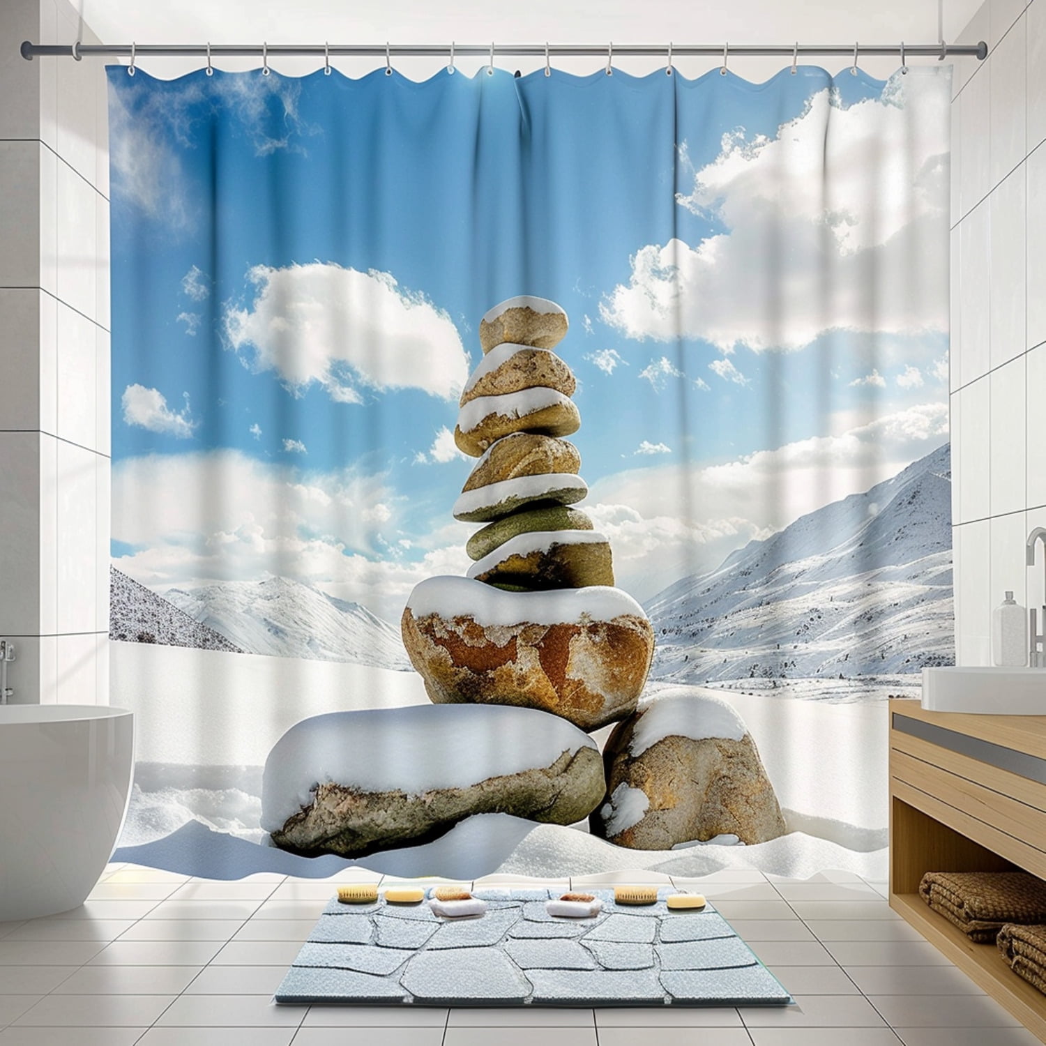 Snowy Mountain Cairn Tower Bathroom Shower Curtain High Resolution
