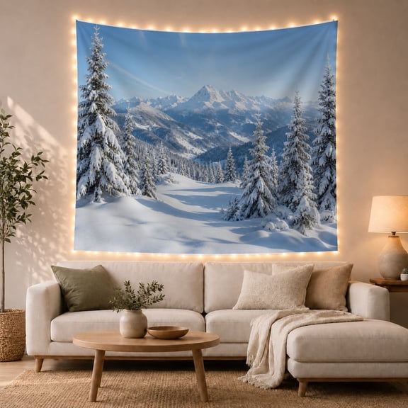 Snowy Mountain Forest with Blue Sky, Serene Rustic Style for Nature Lovers, Winter Landscape Art, Christmas Gift, Tapestry Wall Hanging for Bedroom and Living Room