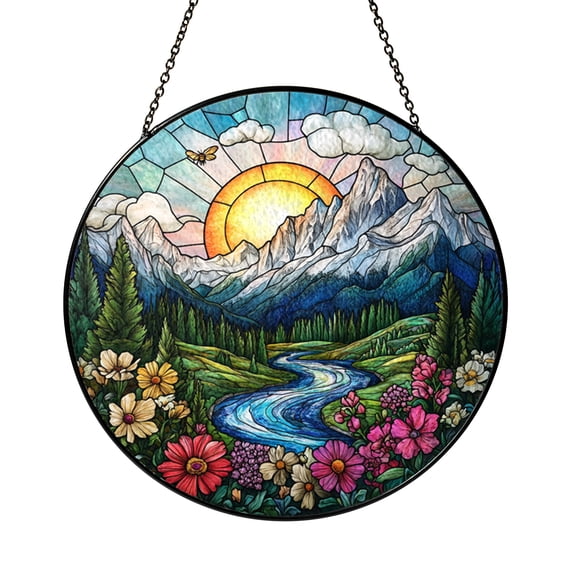 Snowy Mountain Forest River Scene Stained Glass Style Window Art Featuring Winter Mountains Pine Trees and Flowing River Decorative Glass Art for Home Interior Window Display