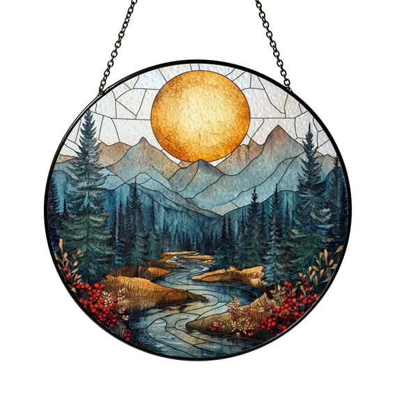 Customized Window Scenery Snowy Mountain Forest Scene Stained Glass Style Window Hanging Decor ...