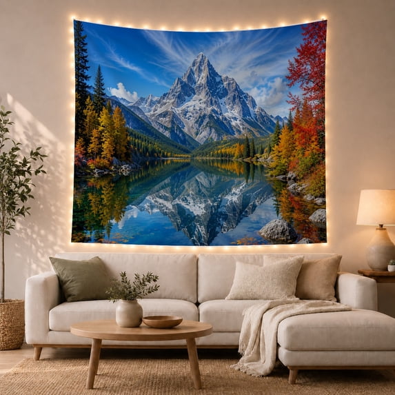 Snowy Mountain with Golden Autumn Forest in a Clear Blue Lake, Serene Rustic for Nature Lovers, Scenic Wall Art Decor, Housewarming Gift, Tapestry Wall Hanging for Living Room and Bedroom