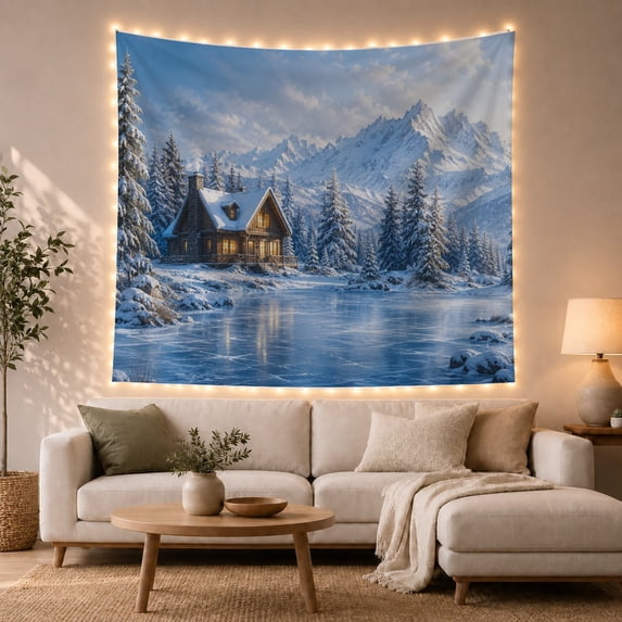 Snowy Mountain Lake Cabin in Winter Wilderness, Serene Rustic Landscape for Nature Lovers, Scenic Wall Art Christmas Gift Tapestry Wall Hanging for Living Room, Bedroom and Dorm