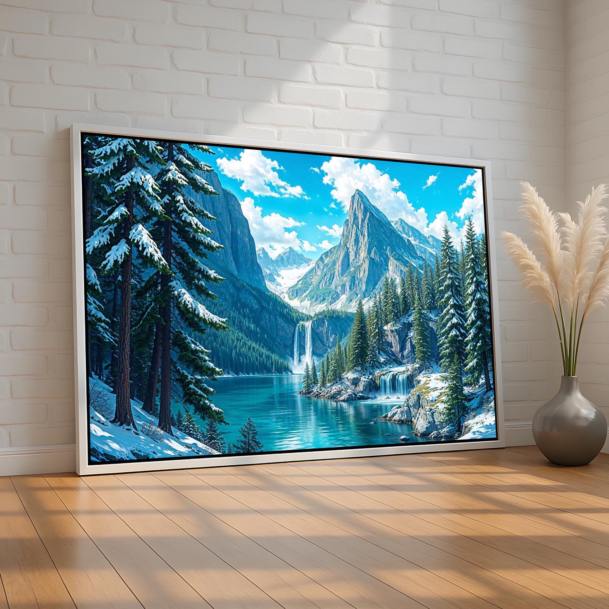 Snowy Mountain Lake Waterfall Poster | Winter Landscape Wall Art For ...