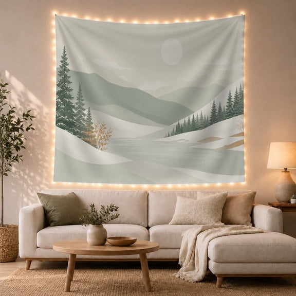 Snowy Mountain Landscape with Evergreens Against Pale Moon, Calming Minimalist for Nature Lovers, Peaceful Wall Art, Housewarming Gift Tapestry Wall Hanging for Bedroom and Living Room