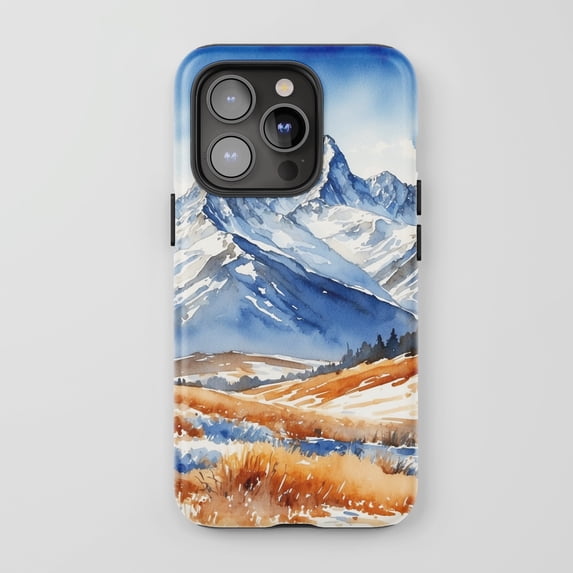 Snowy Mountain Landscape For All iPhone Series Protective Phone Case Watercolor Art Blue White Brown