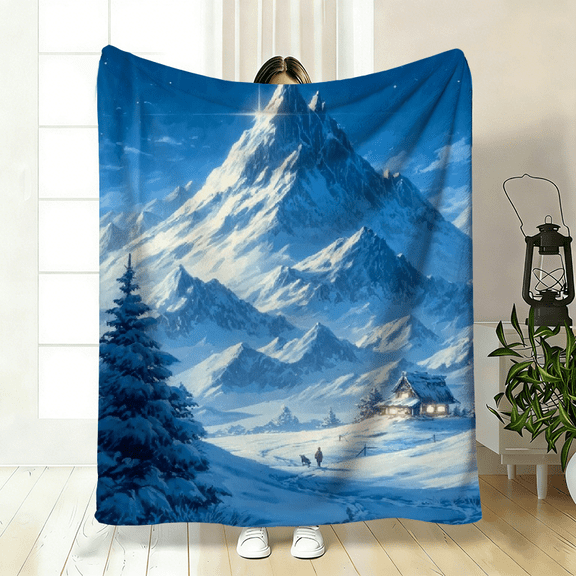 Snowy Mountain Landscape-Themed Polyester Flannel Blanket – Soft, Warm Throw for Bed, Sofa, Travel, Camping – 3 Sizes