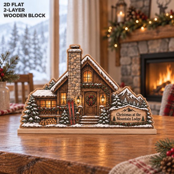 Snowy Mountain Lodge Christmas Wooden Block for Rustic Tabletop Host Gift