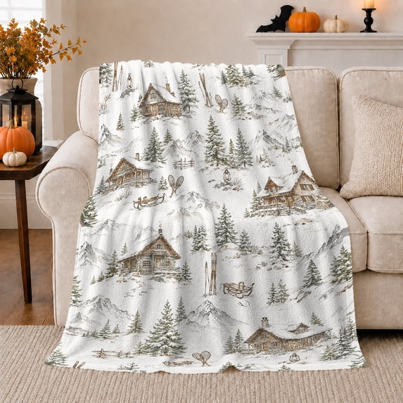 Snowy Mountain Log Cabin Retreat Scene Winter Skiing, Peaceful Mountain Lake Scene, Warm Flannel Blanket for Cabin and Lodge, Outdoor Lovers Friendship Gift, Artistic Home Decor